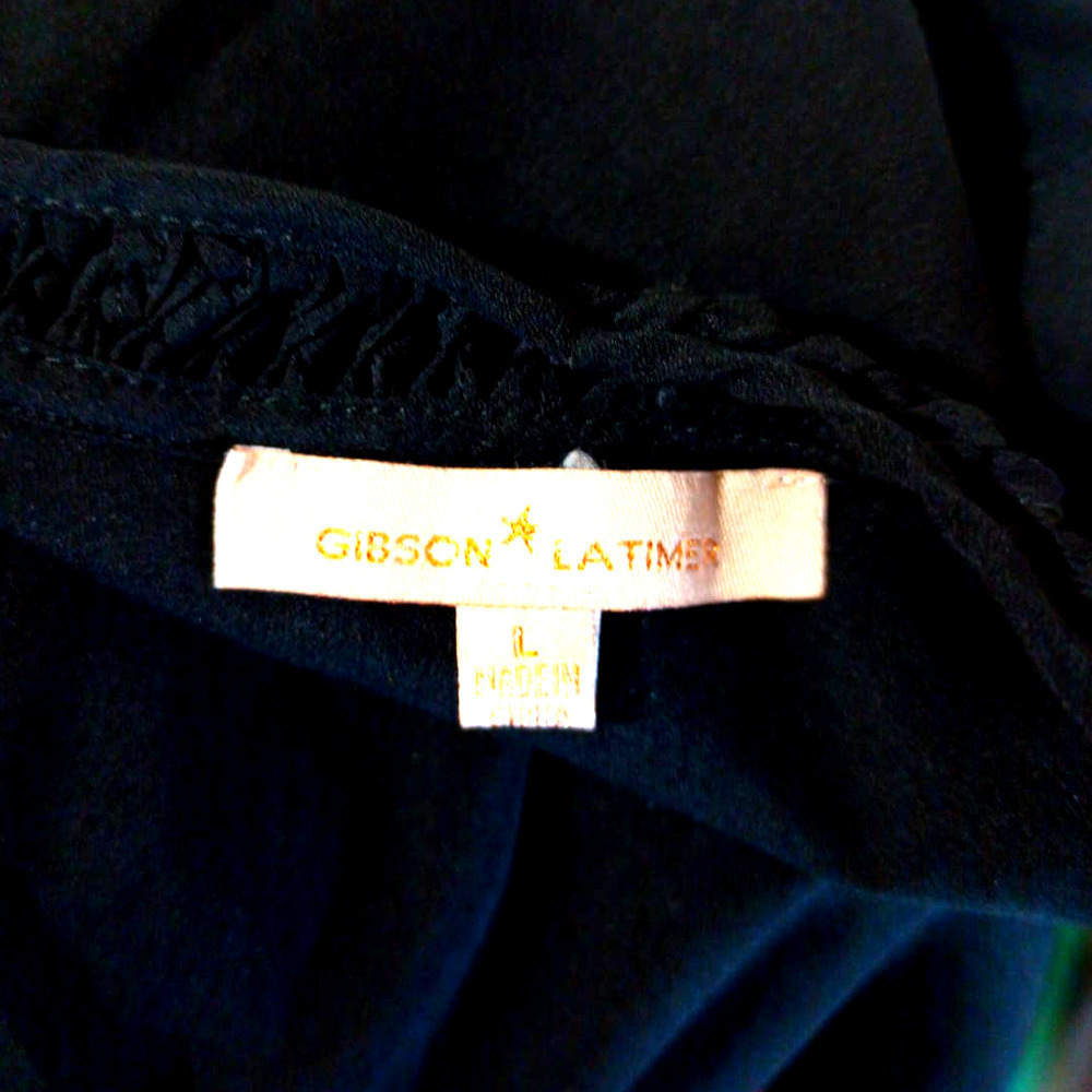 Gibson Latimer Women Sz L Black Macrame Jersey Back Long Sleeve Button Top - Picture 6 of 7